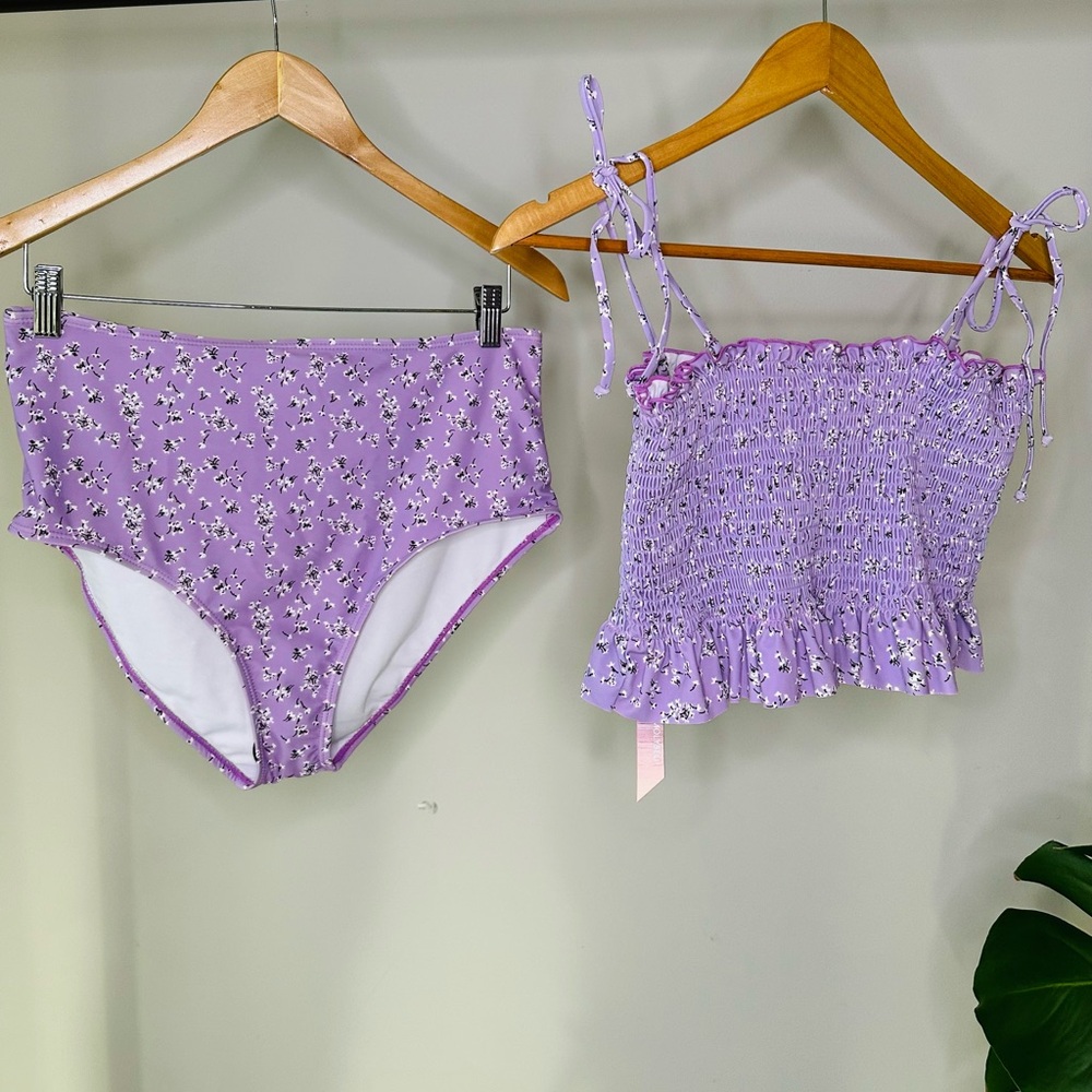 NWT Molybell Lavender Floral Smocked Tankini Set High Waisted Size L